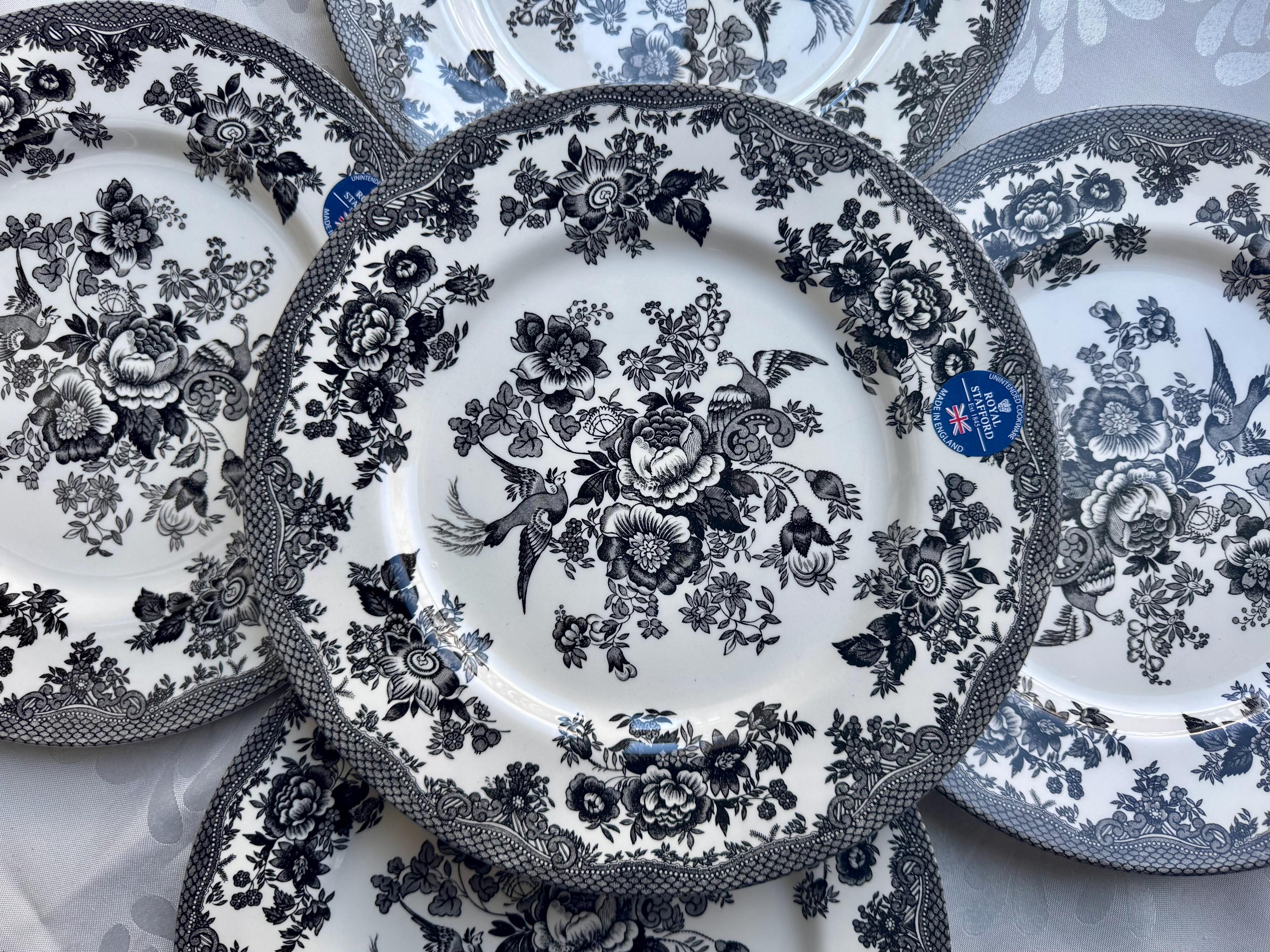 Royal Stafford Asiatic Pheasant Plates or Bowls - Black Transferware Set