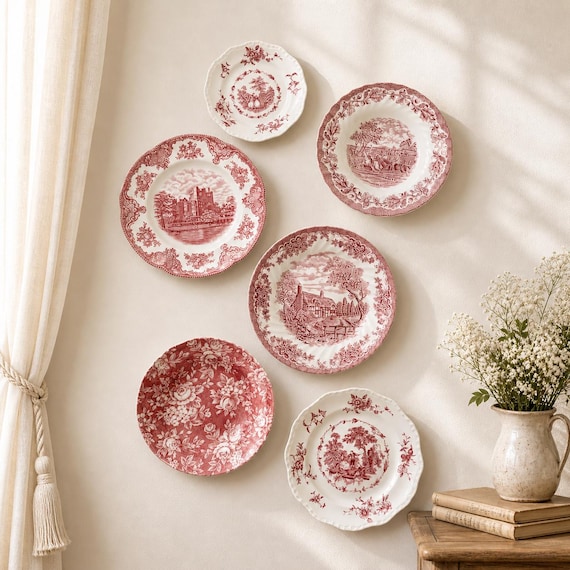 Vintage Red Transferware Plate Set: Countryside Village Wall Decor