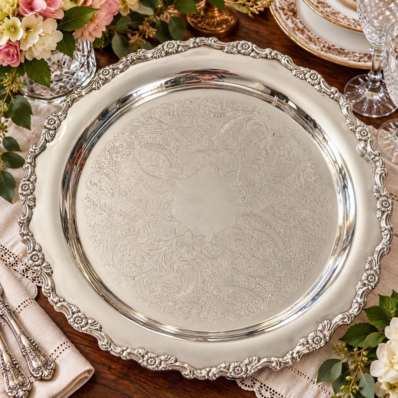 May include: A large, round silver serving tray featuring an intricate, engraved floral and scrollwork pattern in the center. The tray has a wide, raised rim decorated with a detailed embossed floral border and a scalloped, wavy edge.