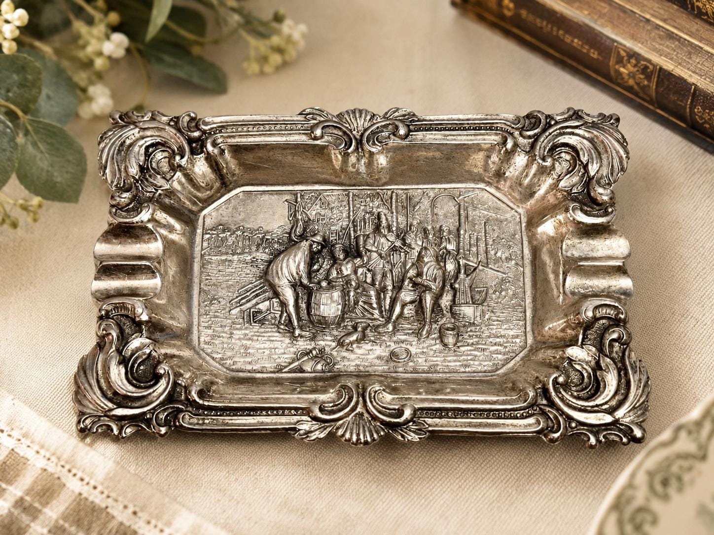 Vintage Japanese Silverplate Trinket Tray | Dutch Village Scene Relief | Rococo Catchall | Mid-Century Japan Decor