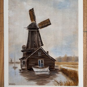 Original 8x10 Landscape Painting by Toronto Artist Vadim – Framed Cottage or Windmill Art B. Windmill