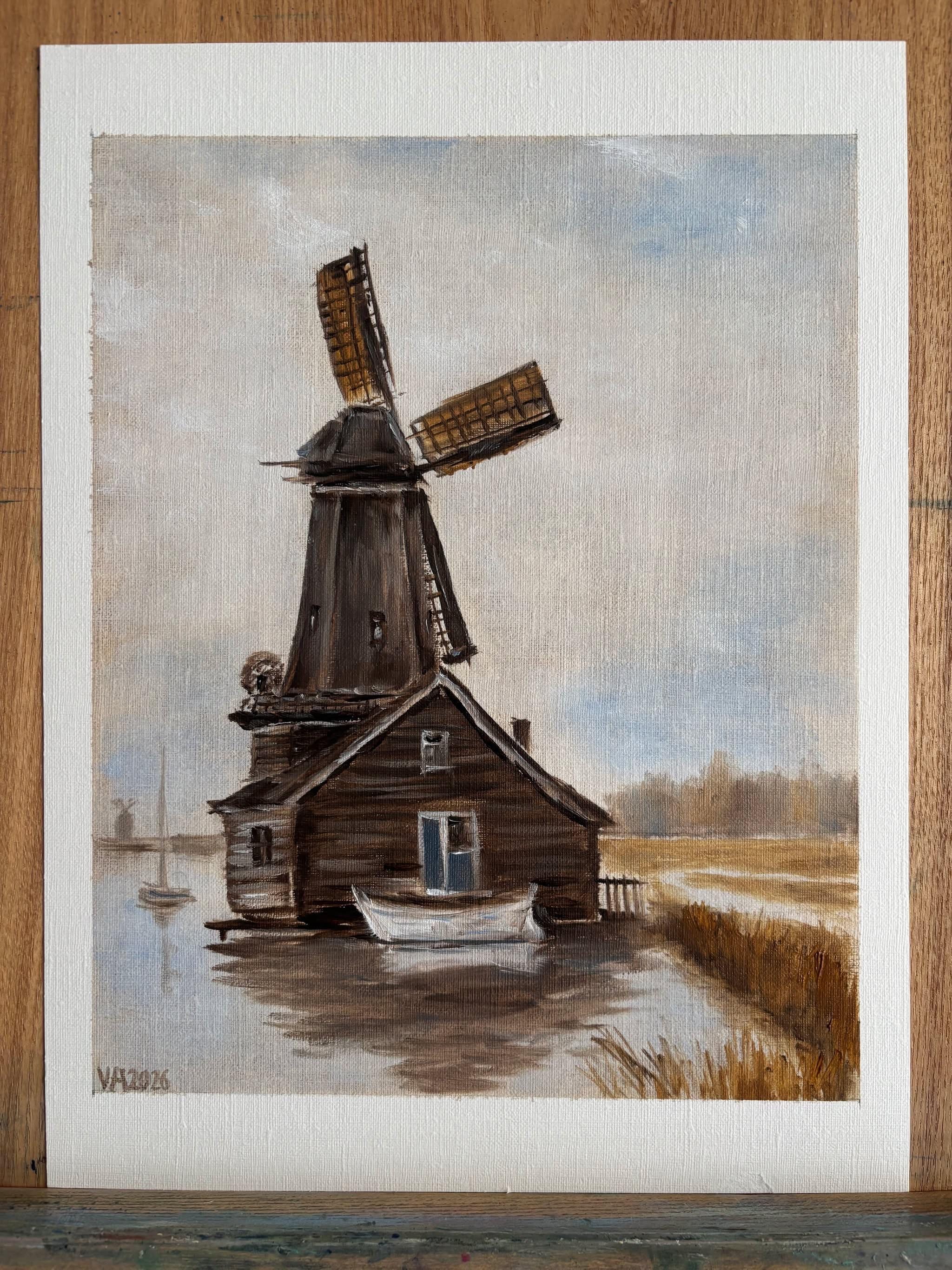 Original 8x10 Landscape Painting by Toronto Artist Vadim – Framed Cottage or Windmill Art