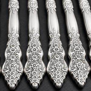 May include: A set of six silver-toned metal flatware handles arranged in a parallel row. Each handle features a detailed embossed floral pattern with small flowers and leaves extending from the base toward the center of the handle.