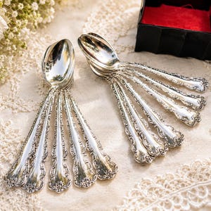 Pu&ograve; includere: Un set di cucchiai in metallo color argento con motivi floreali e volute in rilievo sui manici. I cucchiai sono disposti in due gruppi a ventaglio, mettendo in mostra le loro superfici lucide e riflettenti e i gambi finemente decorati.