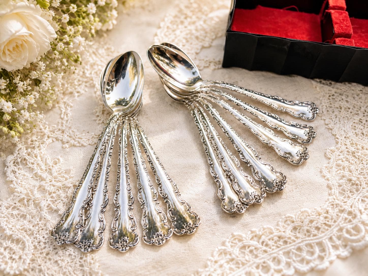 Antique Dresden 1911 Silverplate Teaspoons – Set of 11 – Stratford Silver Co. – Ornate Rococo Flatware – Tea Spoons