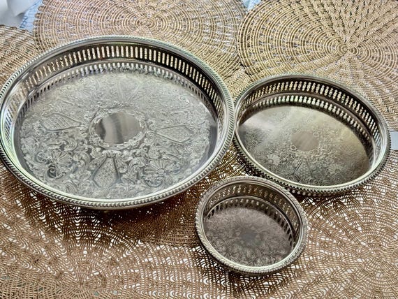 Vintage Silverplate Gallery Trays – Ornate Round Serving Trays with Pierced Sides