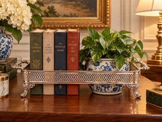 Vintage Silverplate Footed Gallery Tray / Decorative Book Holder