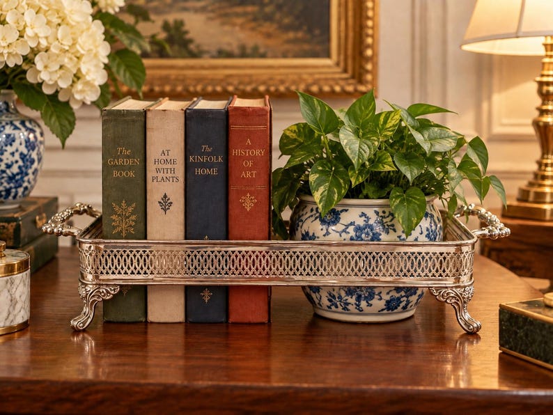 May include: A rectangular silver-toned metal tray with an ornate lattice-patterned gallery rail and decorative feet. The tray holds four hardcover books titled The Garden Book, At Home With Plants, The Kinfolk Home, and A History of Art, plus a blue and white ceramic planter containing a green leafy plant.