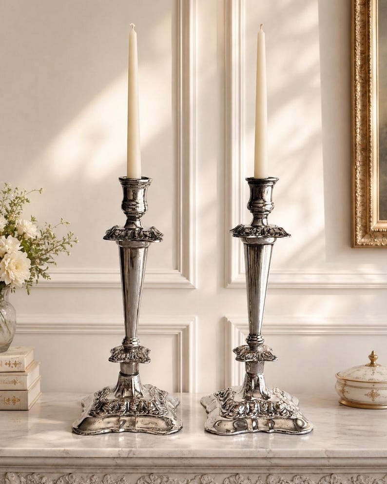 May include: A pair of tall, polished silver-toned metal candlesticks with ornate, embossed floral detailing on the square bases and central stems. Each candlestick holds a single, slender, off-white taper candle in the top socket.