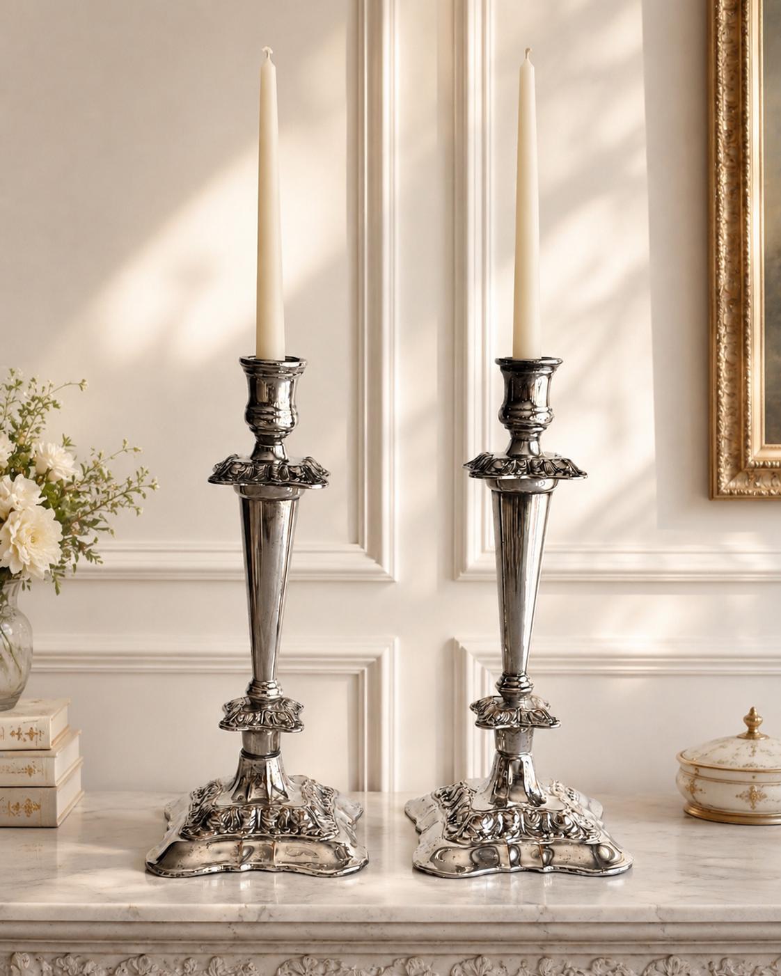Elegant Silver-Plated Candle Holders – Ornate Vintage Charm — Candlesticks Extra Tall 13.5”