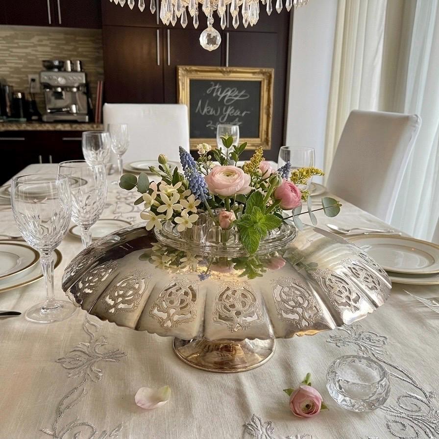 Elegant Vintage Silverplate Centerpiece with Glass Frog – Rose Bowl – Wedding & Event Table Decor