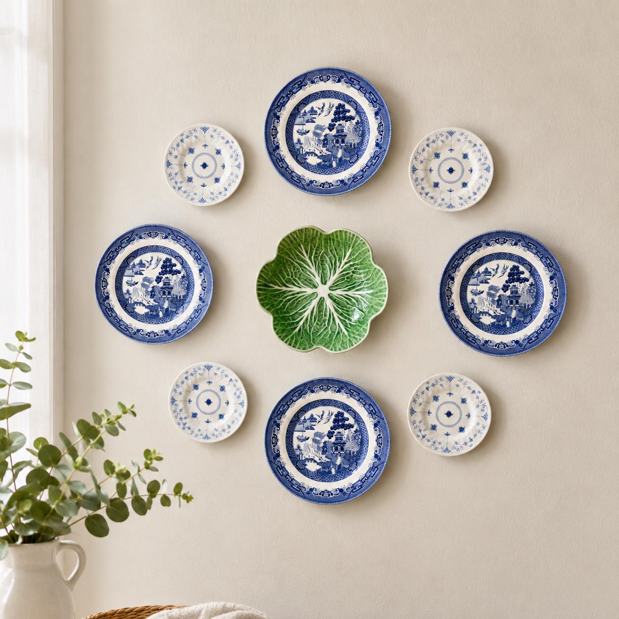 Curated 9-Piece Dinner & Salad Plate Set with Green Cabbage Bowl – Wall Gallery or Dining Set