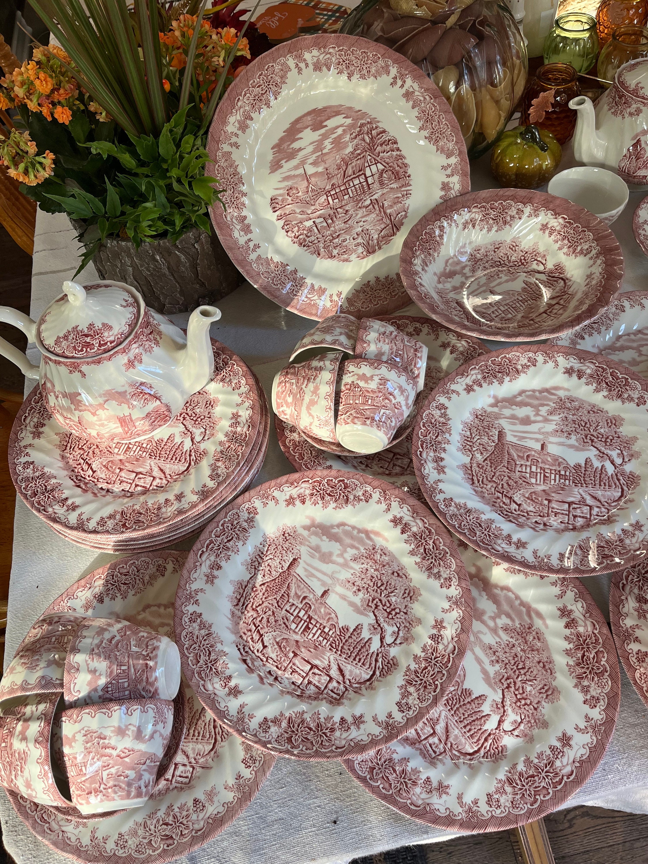 Vintage Churchill England Dinnerware - The Brook in Pink - Dishes Custom Sets - Christmas Table