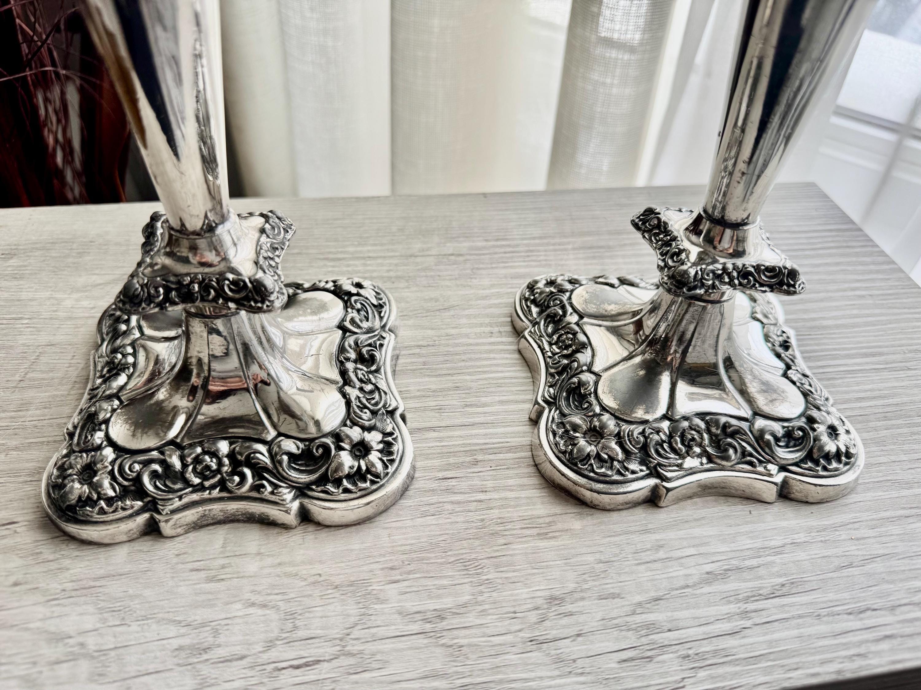 Elegant Silver-Plated Candle Holders – Ornate Vintage Charm — Candlesticks Extra Tall 13.5”