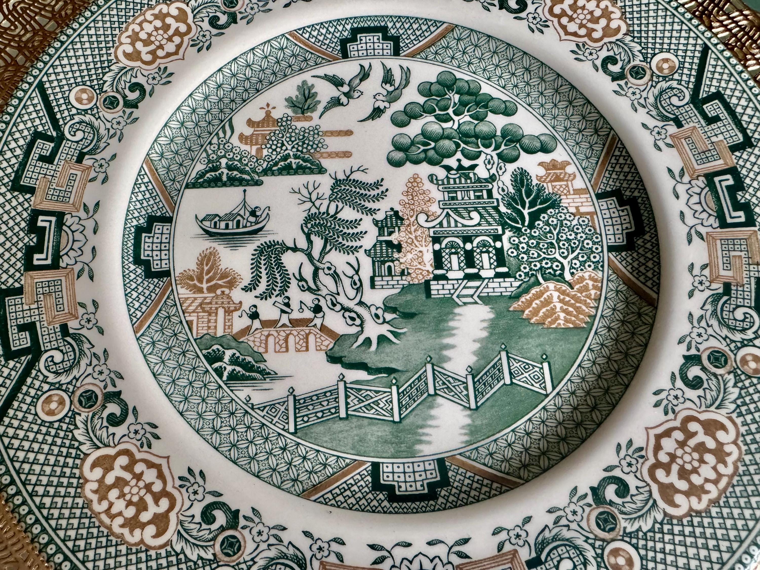 New Vintage Style Transferware - Christmas Dinner for Two - Green Willow & Christmas Tree - Royal Stafford England