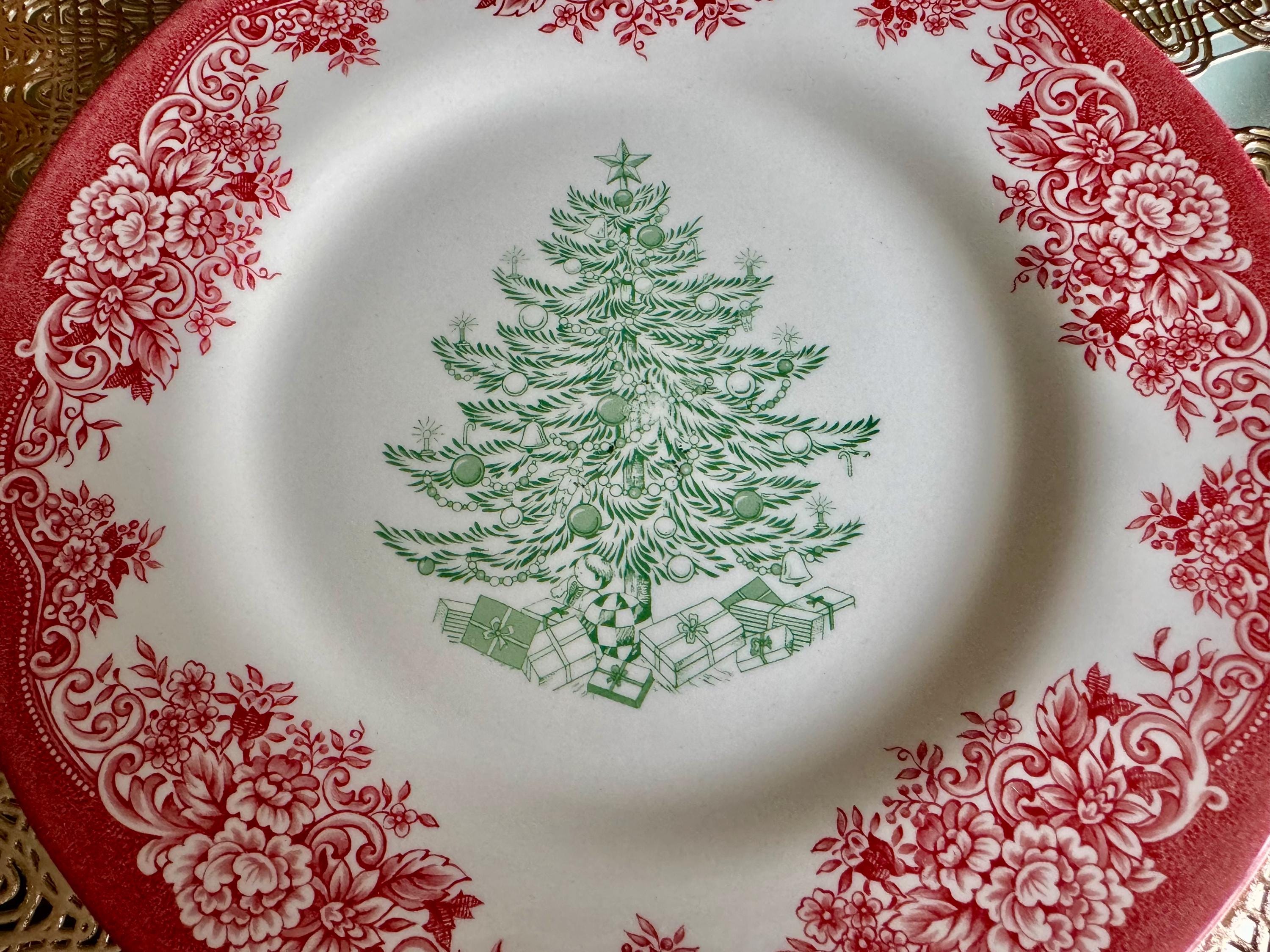 New Vintage Style Transferware - Christmas Dinner for Two - Green Willow & Christmas Tree - Royal Stafford England