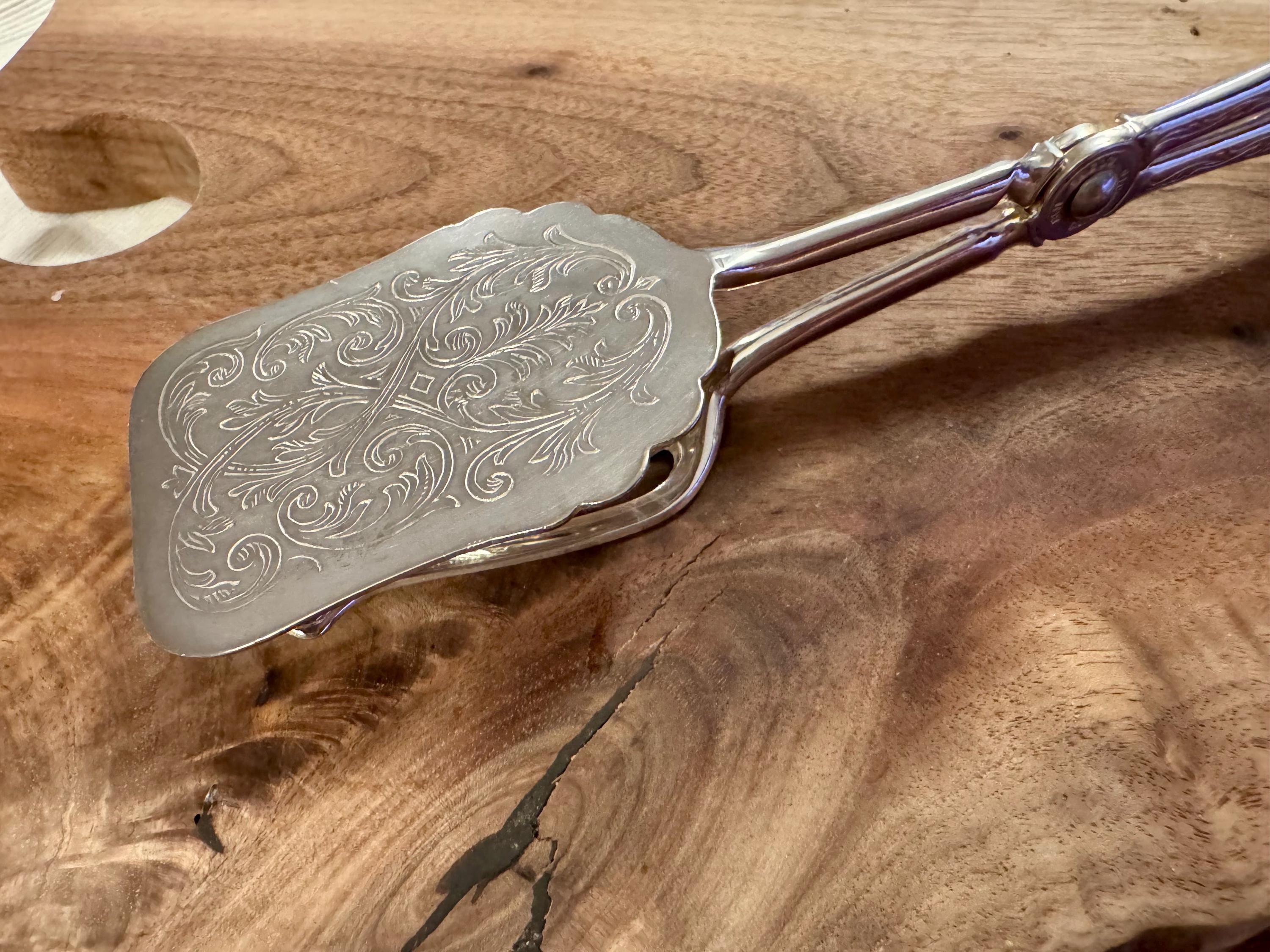 Vintage Silver Plated Scissors-Style Serving Tongs - Engraved Design