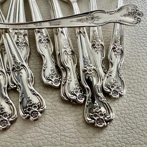 May include: Close-up of a collection of silver-colored silverware. The spoons and forks have a floral design on the handles. The silverware is arranged on a light gray surface. The brand name "Rogers & Bro." is visible.