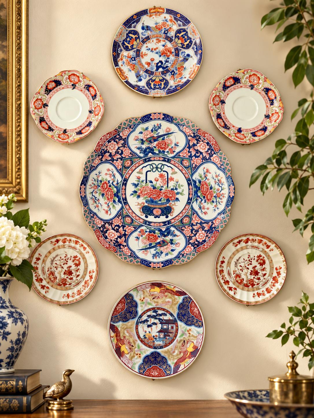 Vintage Imari Style Wall Plate Gallery – 7 Piece Mixed Porcelain Collection
