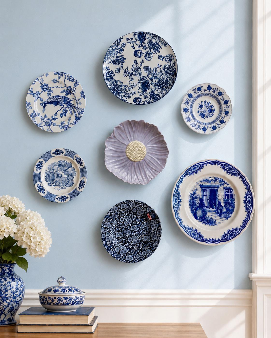 Gallery Wall Mismatched Set in Blue & Green - Collection of 7 Vintage Plates
