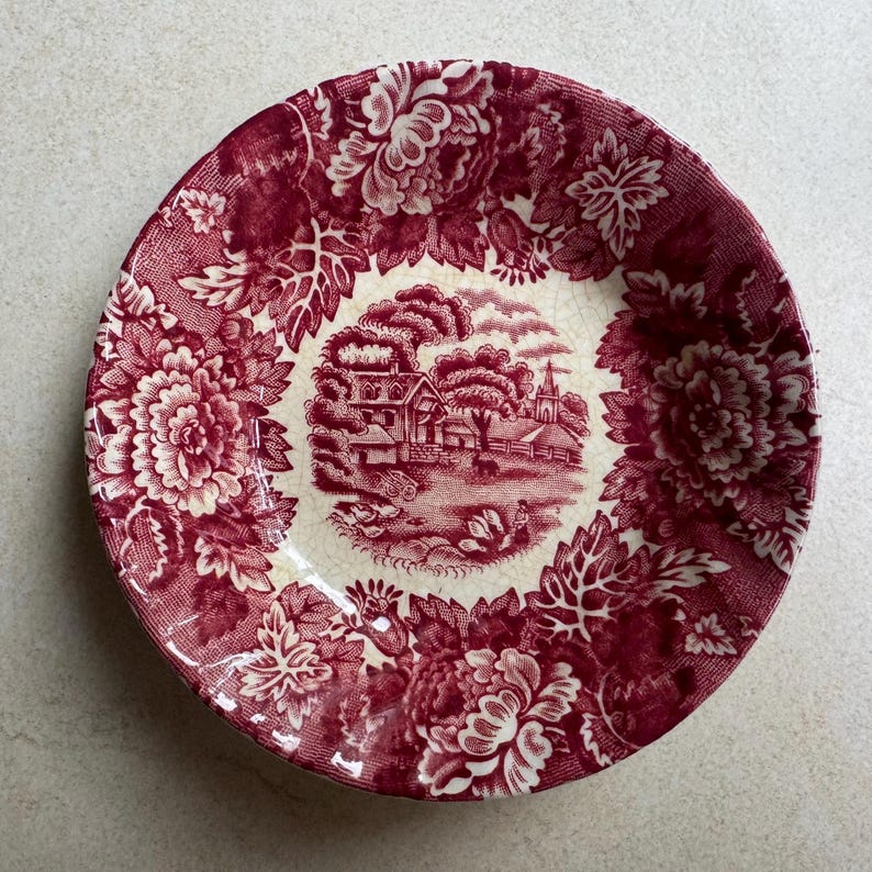 Vintage Red Transferware Plate Set – Country Village Scenes, Wall ...