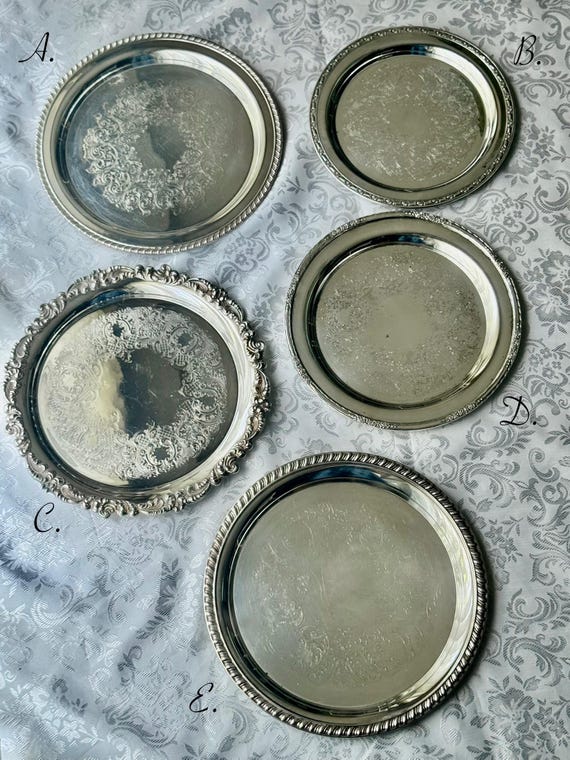 Vintage Silver-Plated Round Tray Collection – Ornate Etched Designs & Classic Makers – Sold Individually