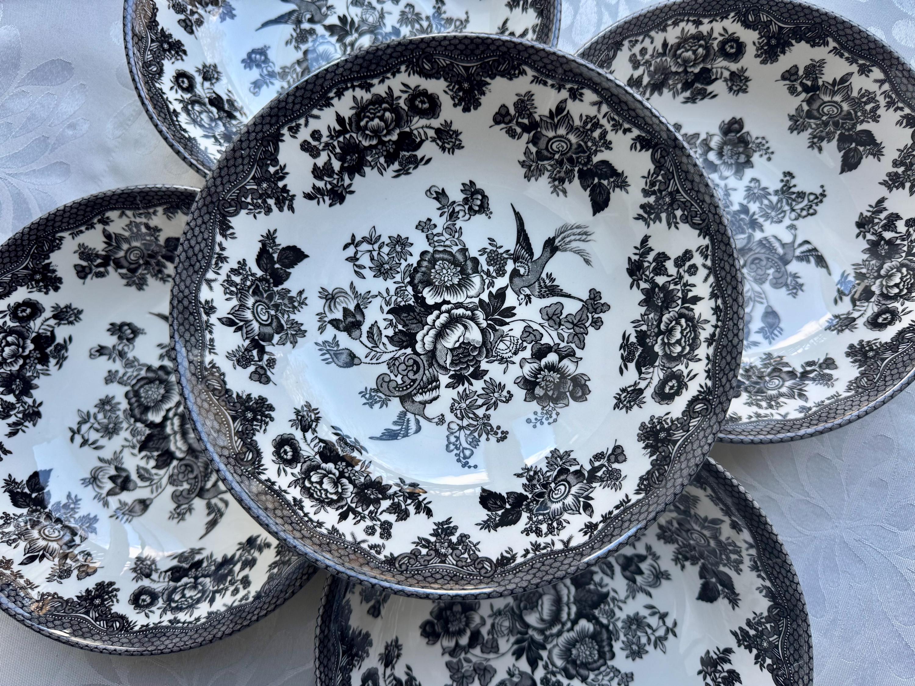 Royal Stafford Asiatic Pheasant Plates or Bowls - Black Transferware Set