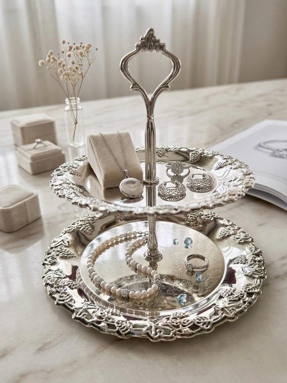 Silver Plated 2-Tier Stand – Grape & Vine – Jewelry Display / Tea Stand – NEW in Box