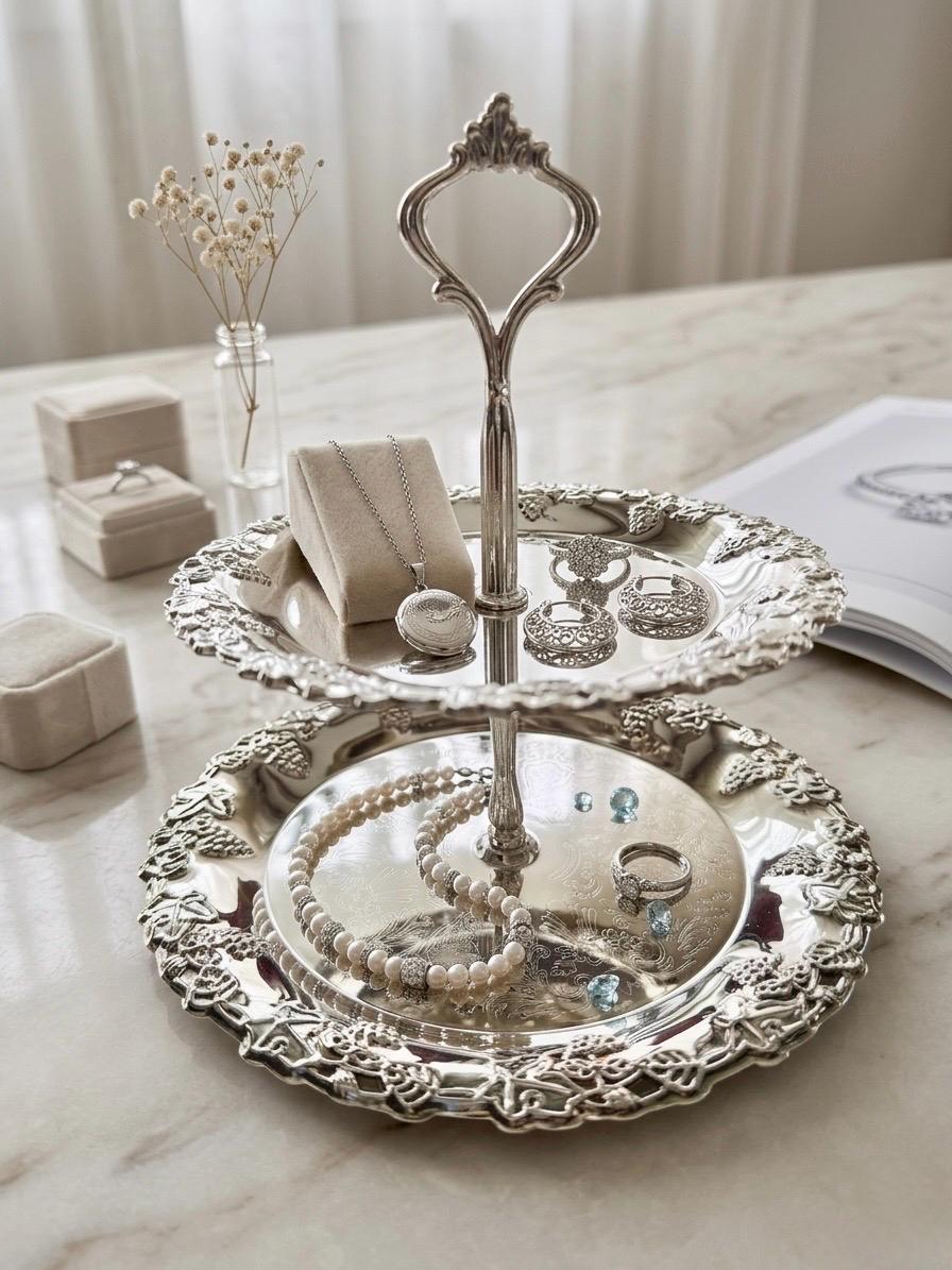 Silver Plated 2-Tier Stand – Grape & Vine – Jewelry Display / Tea Stand – NEW in Box