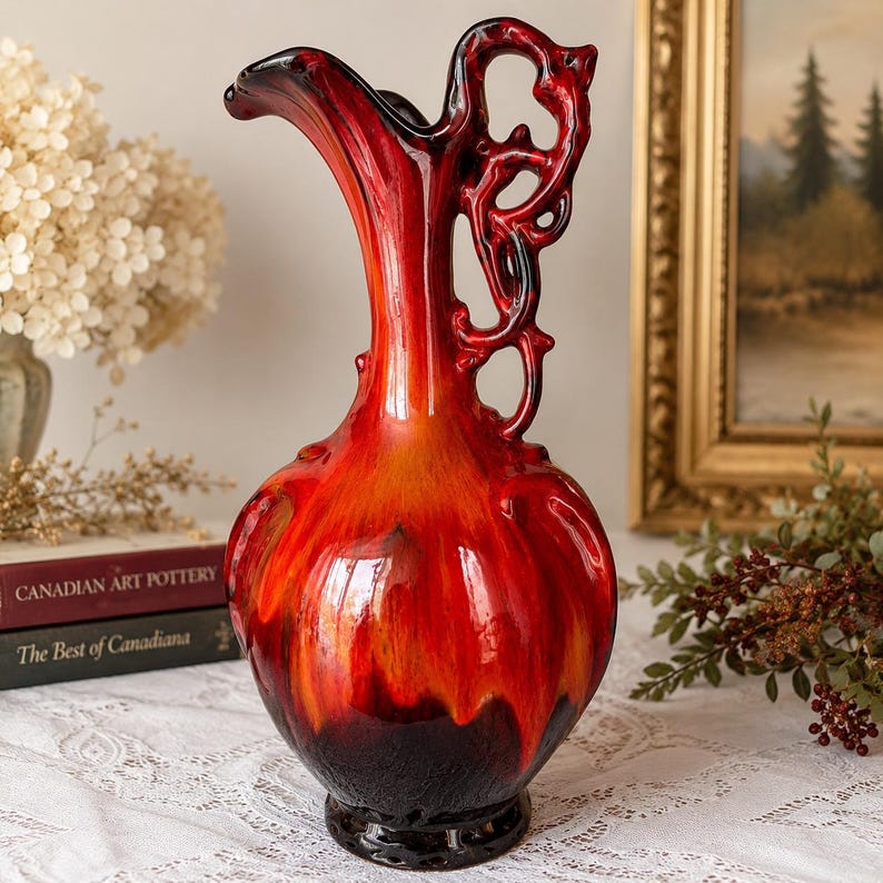 Vintage Canadian Pottery Pitcher – Red Ombre Glaze B. Sofia Org Ltd 14”
