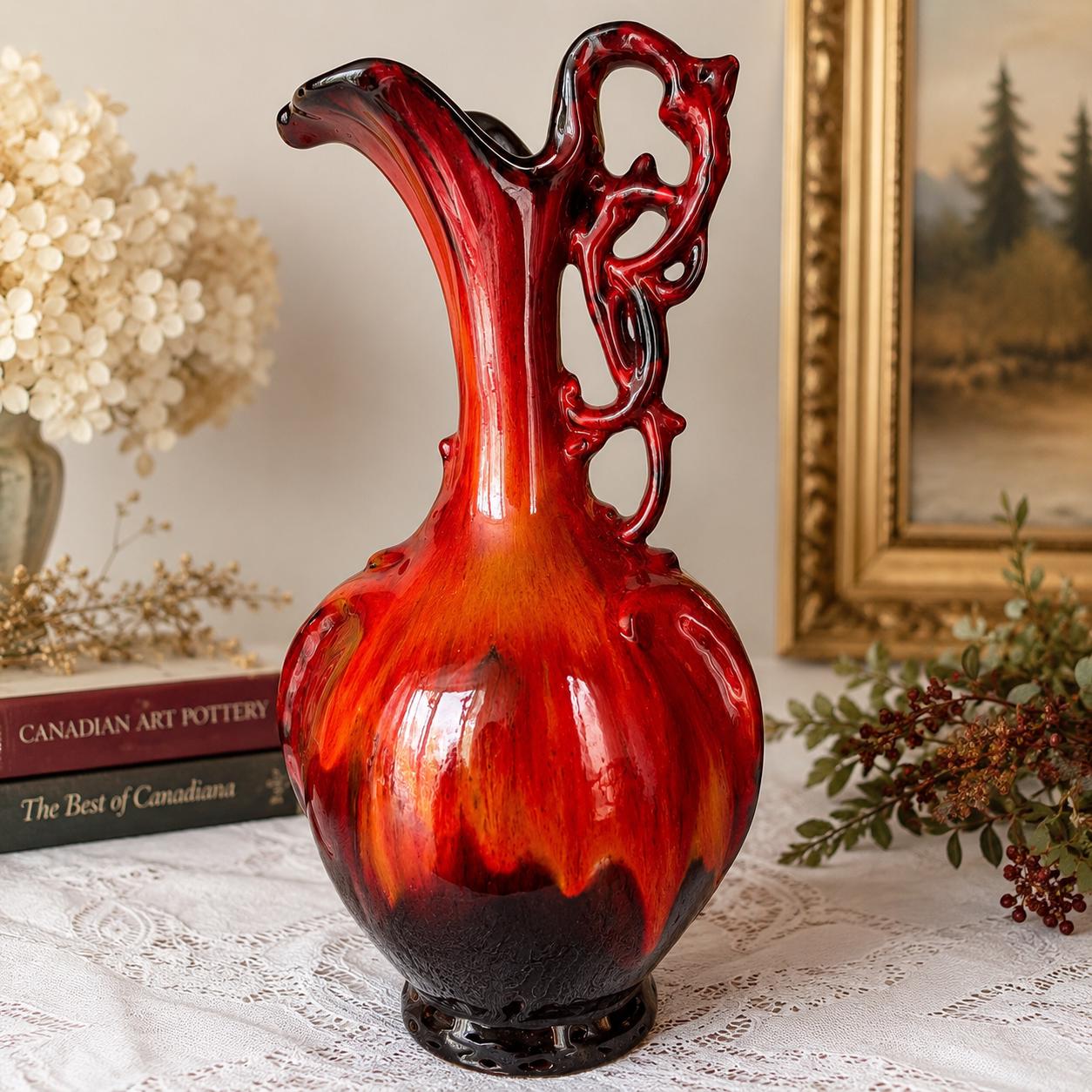 Vintage Canadian Pottery Pitcher – Red Ombre Glaze