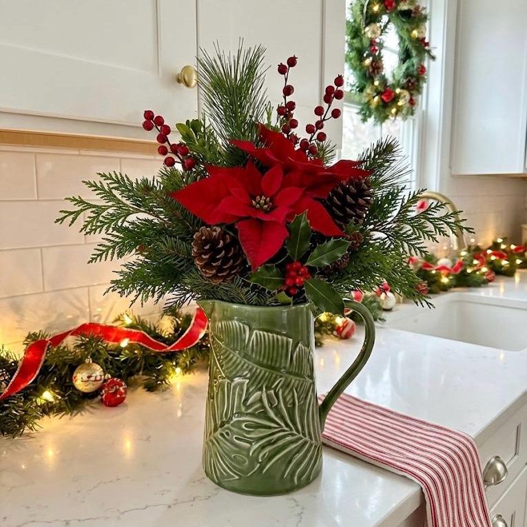 Green Ceramic Embossed Pitcher – Holiday Floral Display Vase - Made in Portugal