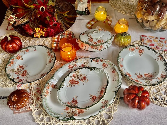 Antique Ridgway England Floral Dining Ensemble: Green & Gold, 6-Piece Set