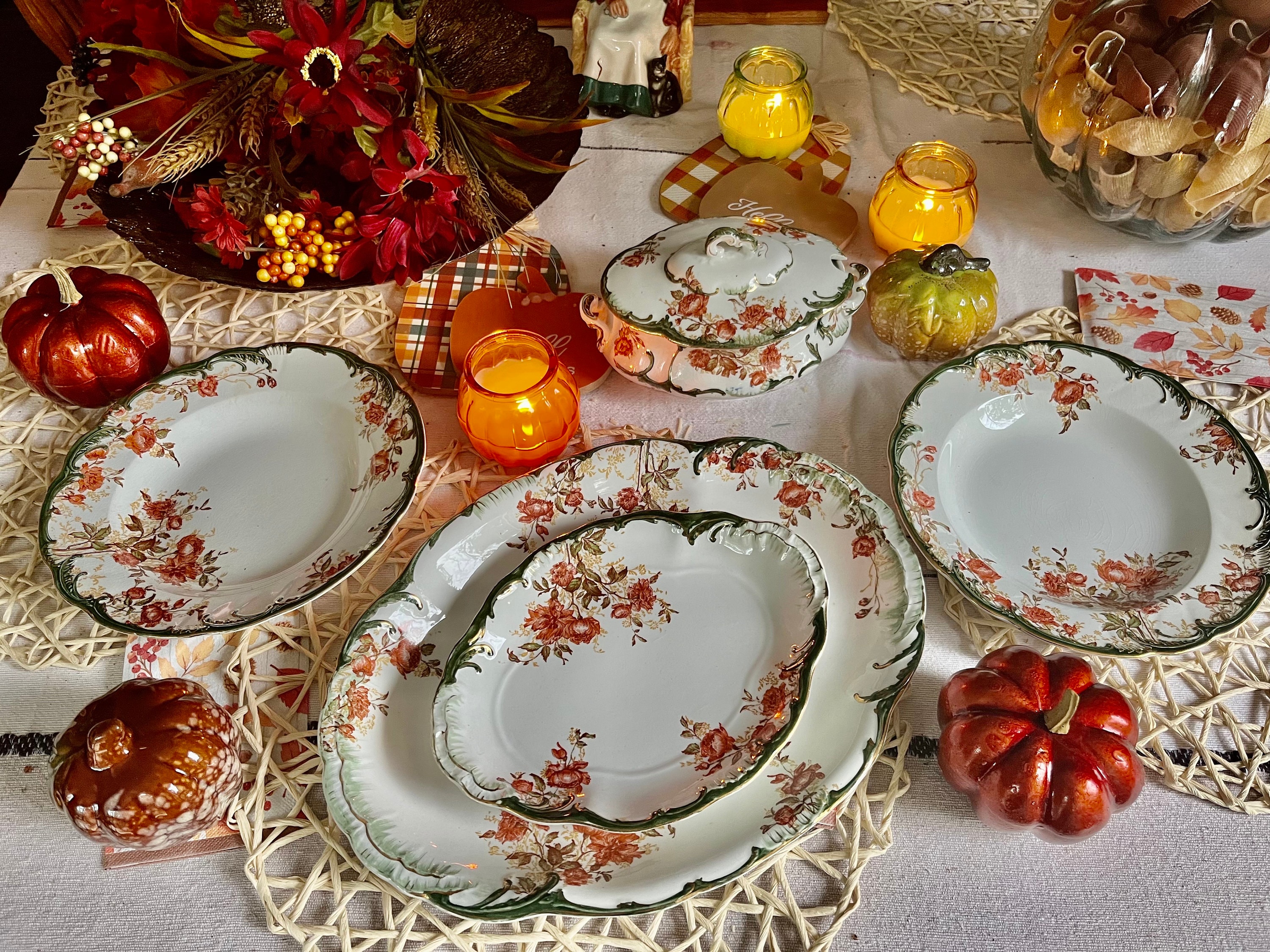 Antique Ridgway England Floral Dining Ensemble: Green & Gold, 6-Piece Set