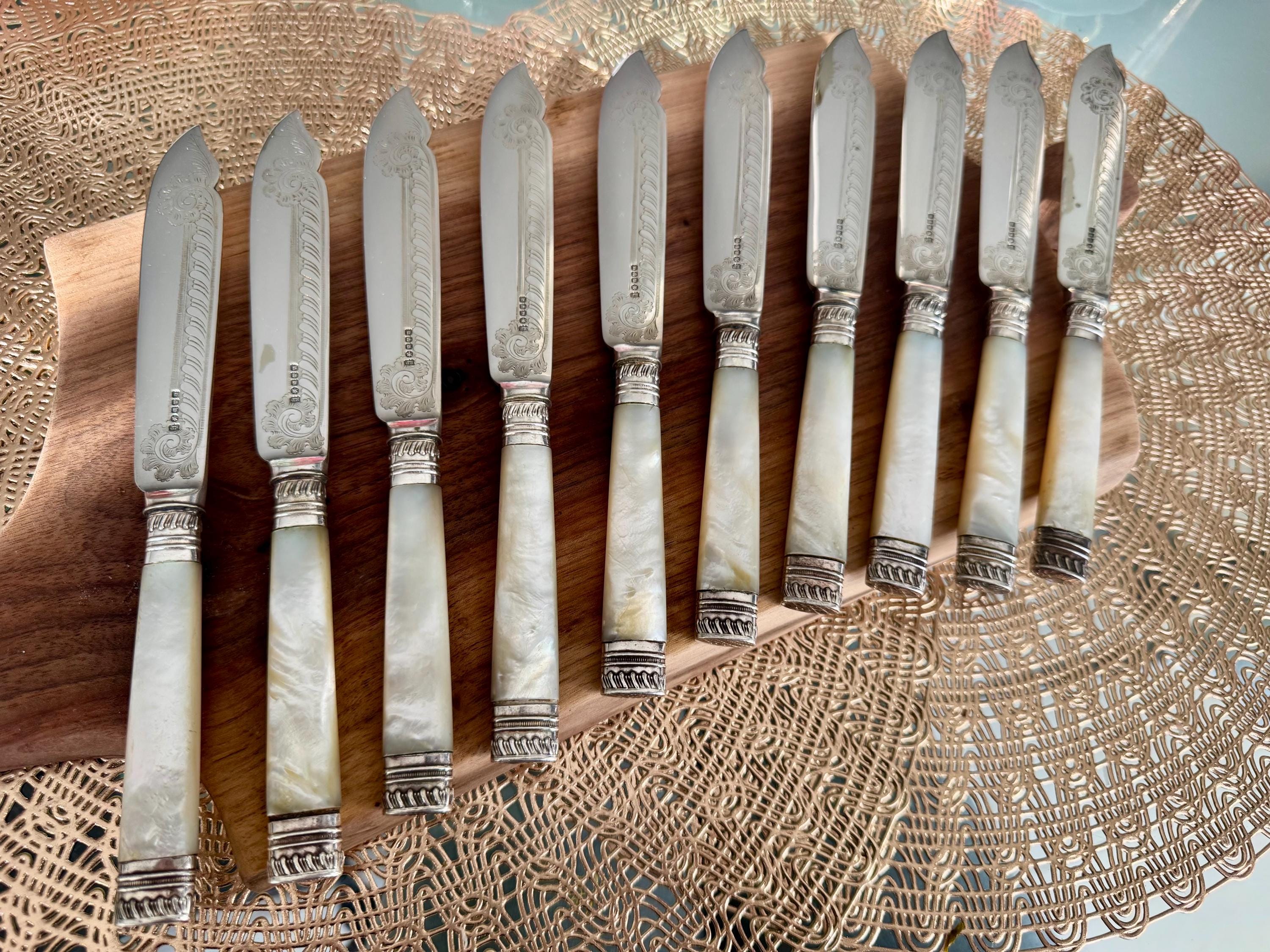 Vintage Mother of Pearl Silverplate Knives: Engraved Elegant Set of 10