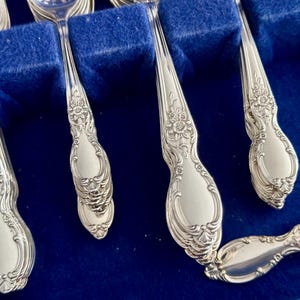 K&ouml;nnte beinhalten: Nahaufnahme eines Sets versilberten Bestecks mit verzierten Griffen. Die Griffe sind mit floralen Mustern verziert und haben eine polierte Oberfl&auml;che.