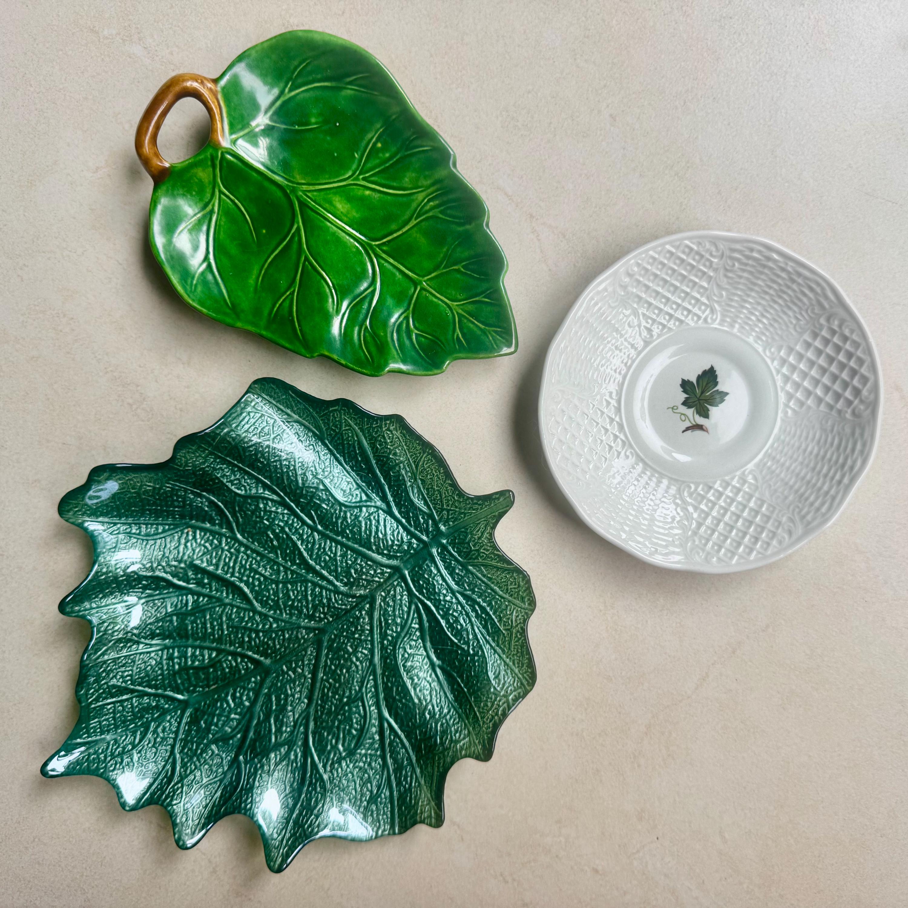 Vintage Green Botanical Wall Plate Collection – Set of 7 | Leaf & Cabbage Plates | Majolica Style Wall Gallery | Grandmillennial Decor