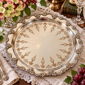 May include: A round silver serving tray featuring an ornate border with raised grape and leaf motifs. The center of the tray is polished silver with a circular pattern of delicate, etched gold-toned filigree designs radiating outward.