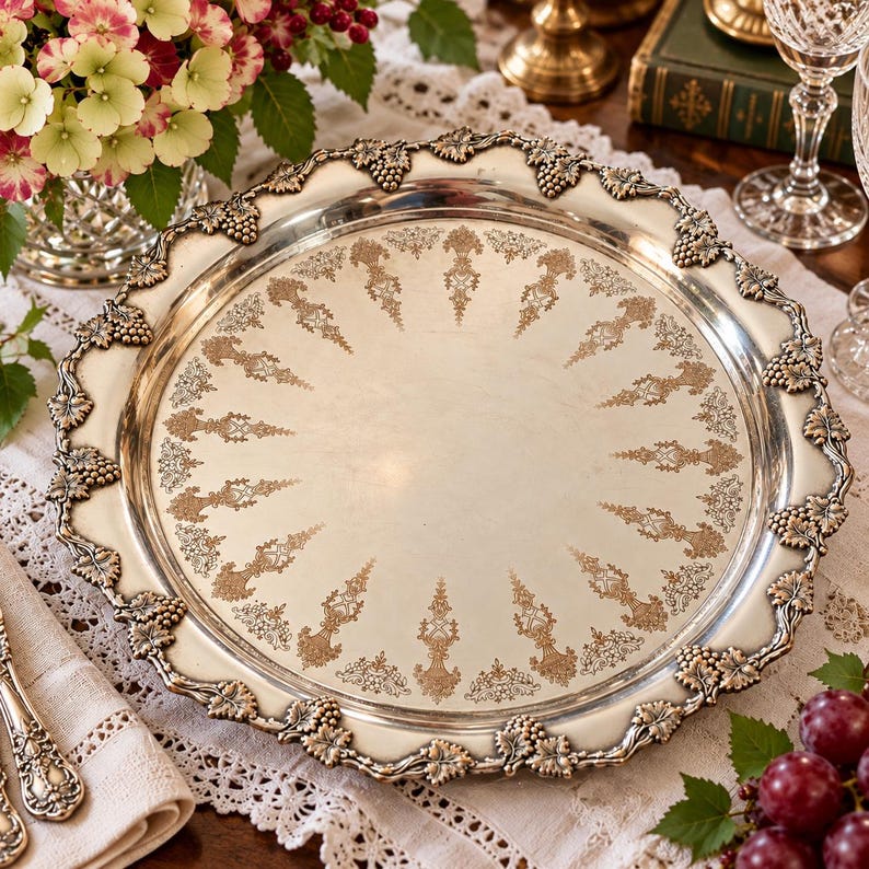 May include: A round silver serving tray featuring an ornate border with raised grape and leaf motifs. The center of the tray is polished silver with a circular pattern of delicate, etched gold-toned filigree designs radiating outward.