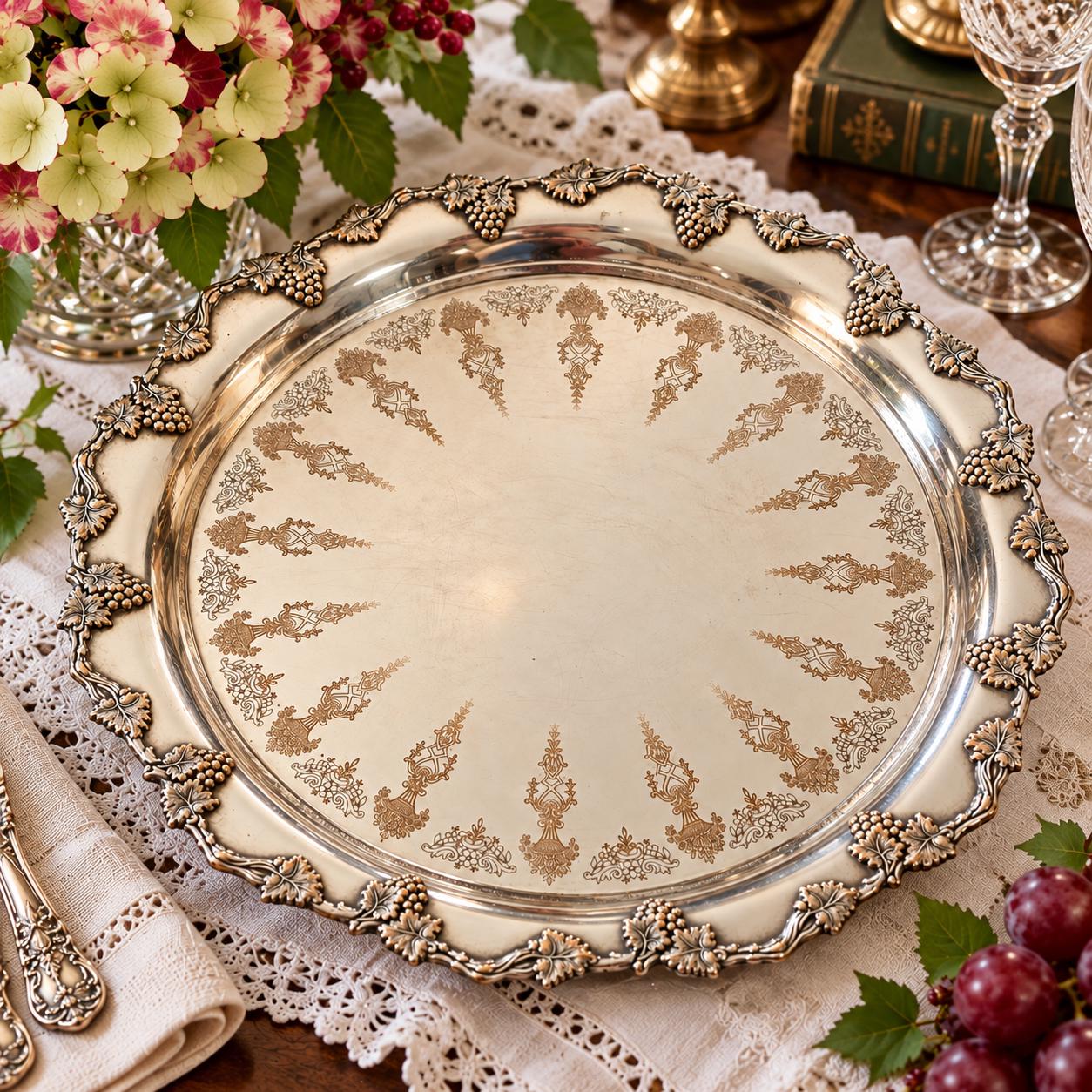 Vintage Roden Brothers Silverplate Tray | 12” Grape Vine E.P. on Copper Heavy Serving Tray