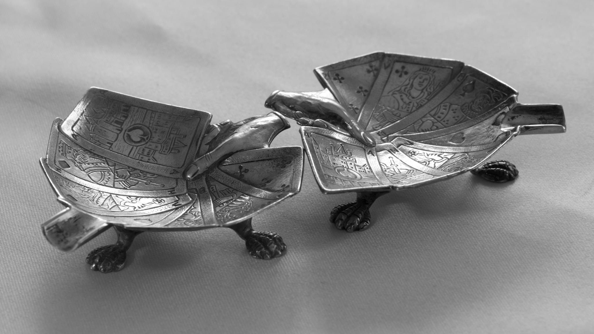 Rare Mid-Century European Sculptural Silver-Plated Playing Card Ashtrays — Pair — c.1950s