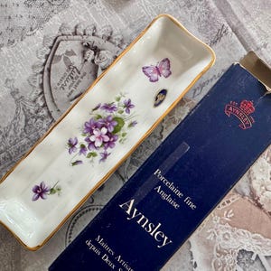 Vintage English Bone China Olive Tray: Pink Roses, Gold Trim Aynsley Violets wBox