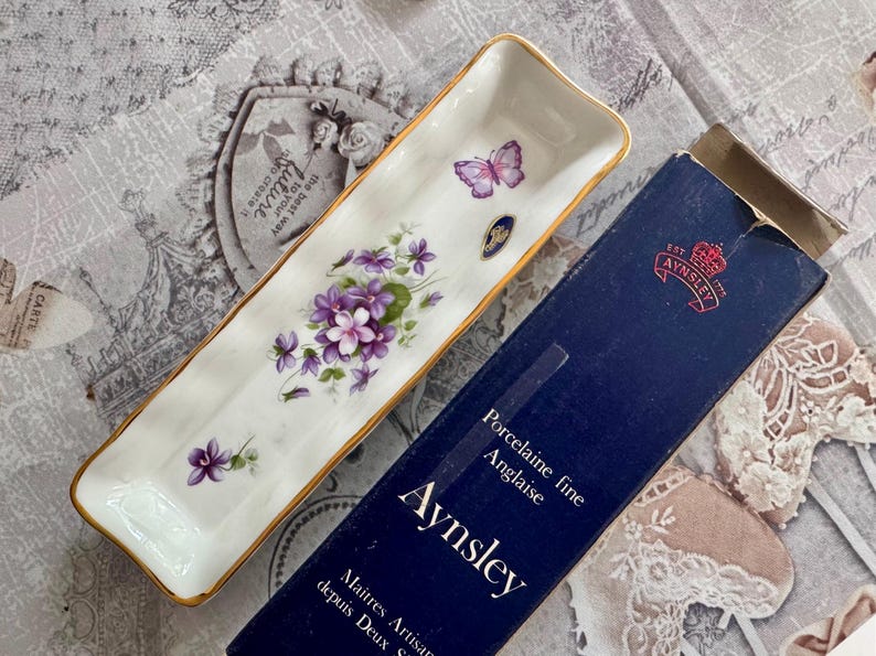 Vintage English Bone China Olive Tray: Pink Roses, Gold Trim Aynsley Violets wBox