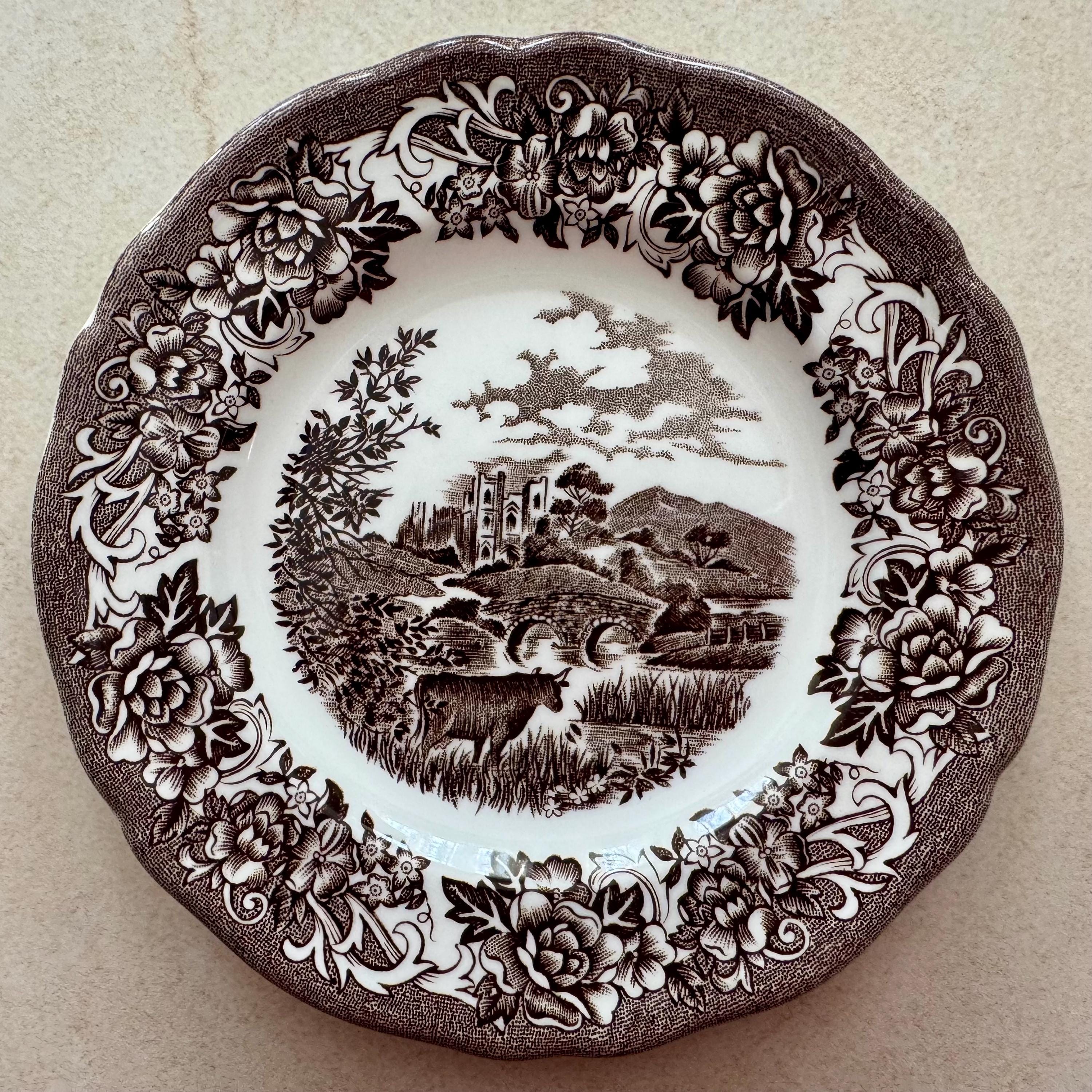 Vintage Brown Transferware Wall Gallery Plate Set or Oil Art —Cottagecore Wall Decor — 7 Plates