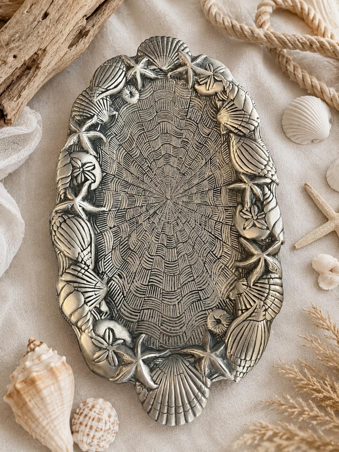 Mariposa Starfish & Scallop Shell Oval Platter | Coastal Aluminum Serving Tray | 18″