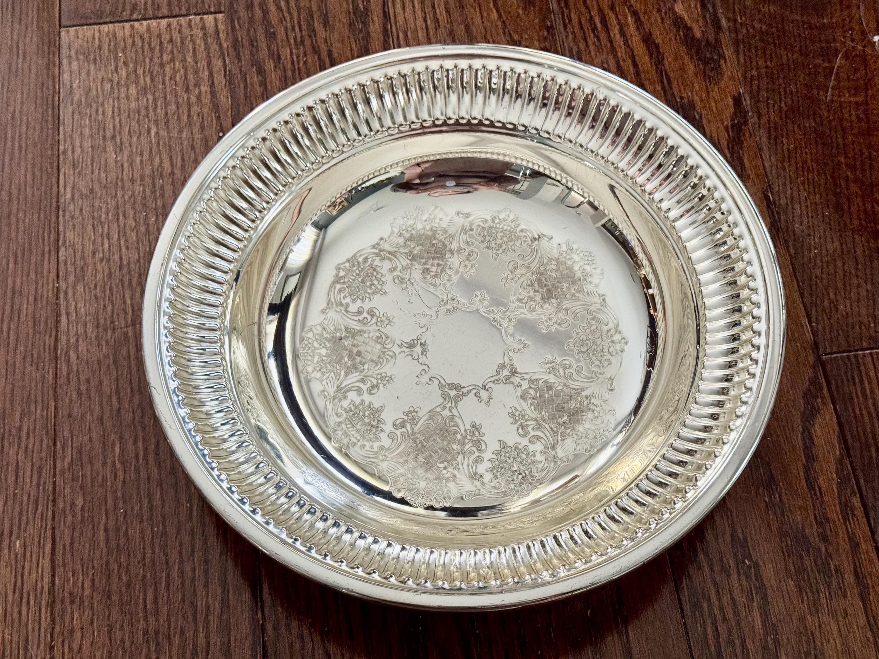 Vintage Silver Plated Serving Bowl 10.25”, Ornate Engraved Centre, Fluted Rim, Tarnish Resistant