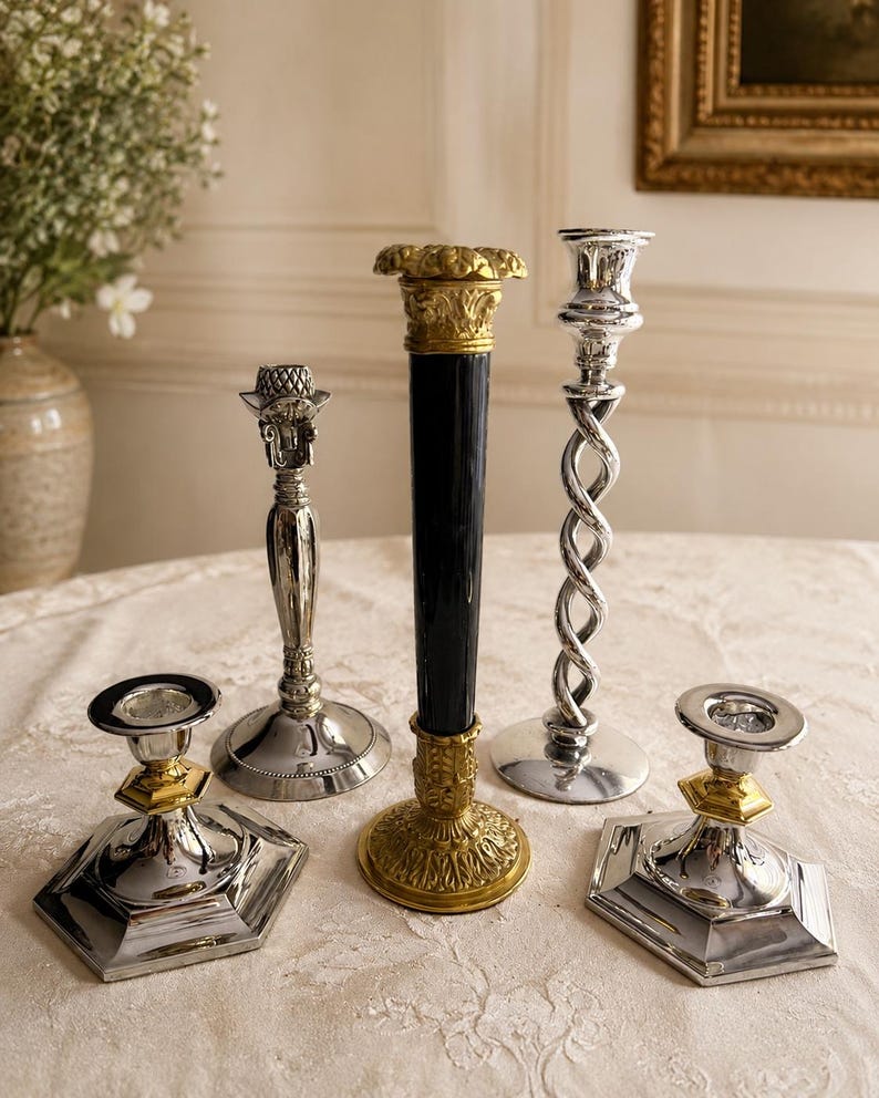 May include: A collection of five candle holders featuring two silver-toned hexagonal bases with gold accents, a silver-toned stand with a textured top, a tall black cylindrical holder with gold ornate ends, and a silver-toned twisted spiral stand.