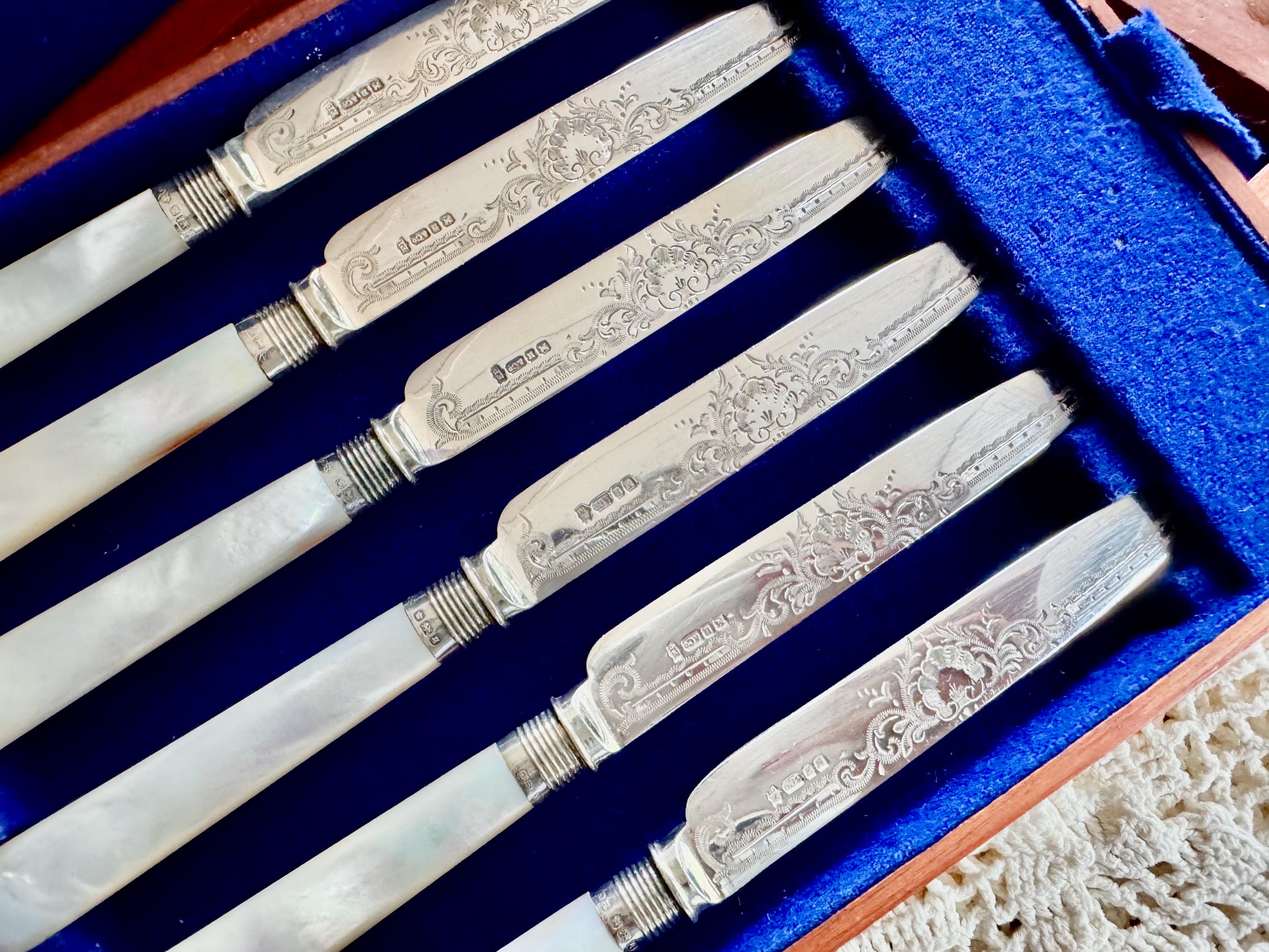 Antique Victorian Mother of Pearl Dessert Flatware Set | 12-Piece Cased Fruit Knives & Forks | Sterling Silver Mounts