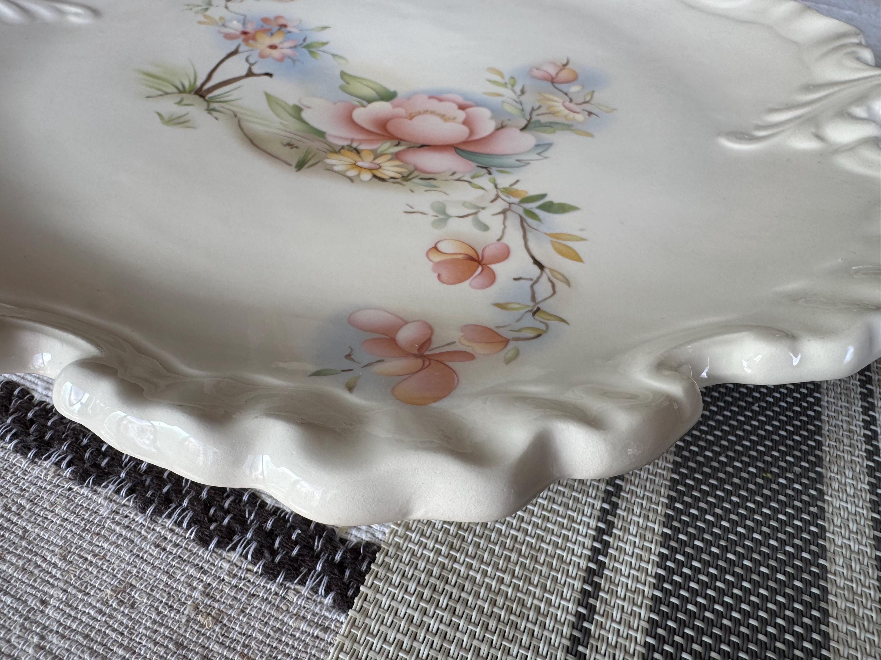 Vintage Japanese Export Floral Handled Tray – Large 16” Pastel Blossom Serving Dish