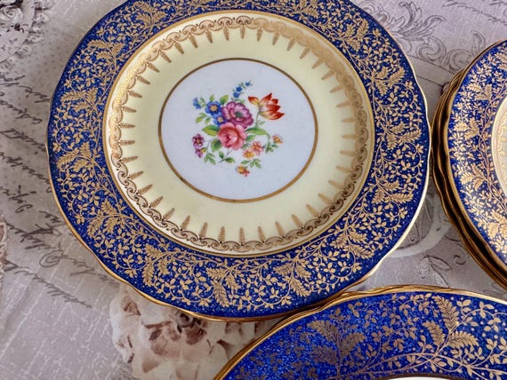 Vintage Aynsley Cobalt Blue Gold Encrusted Fine Bone China Dinner Set for Two